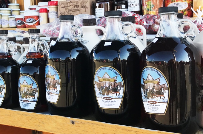 Maple syrup on display at farmers market